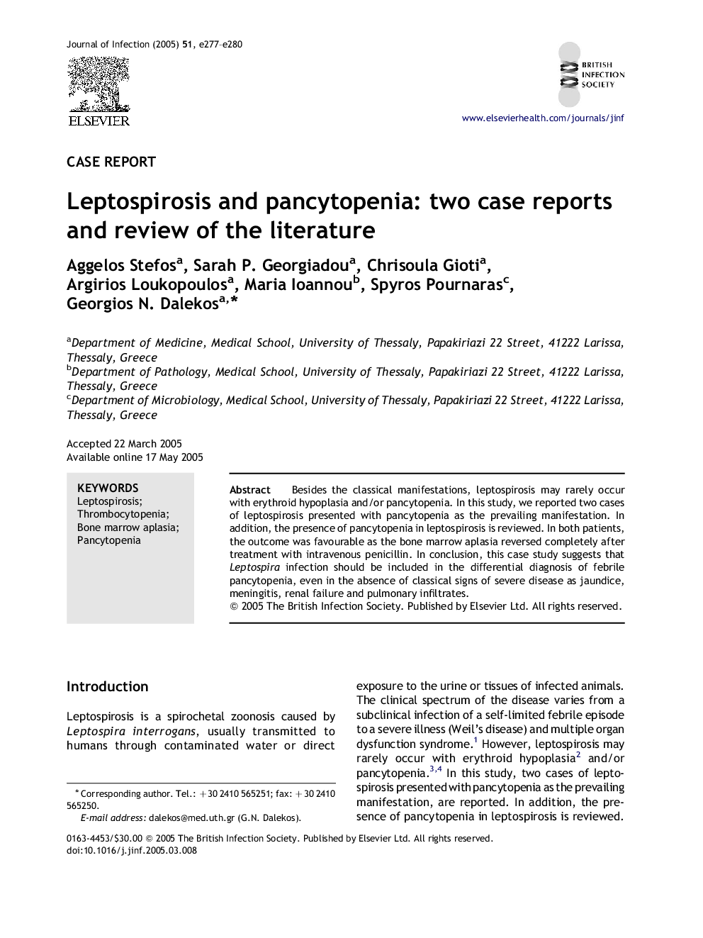 Leptospirosis and pancytopenia: two case reports and review of the literature