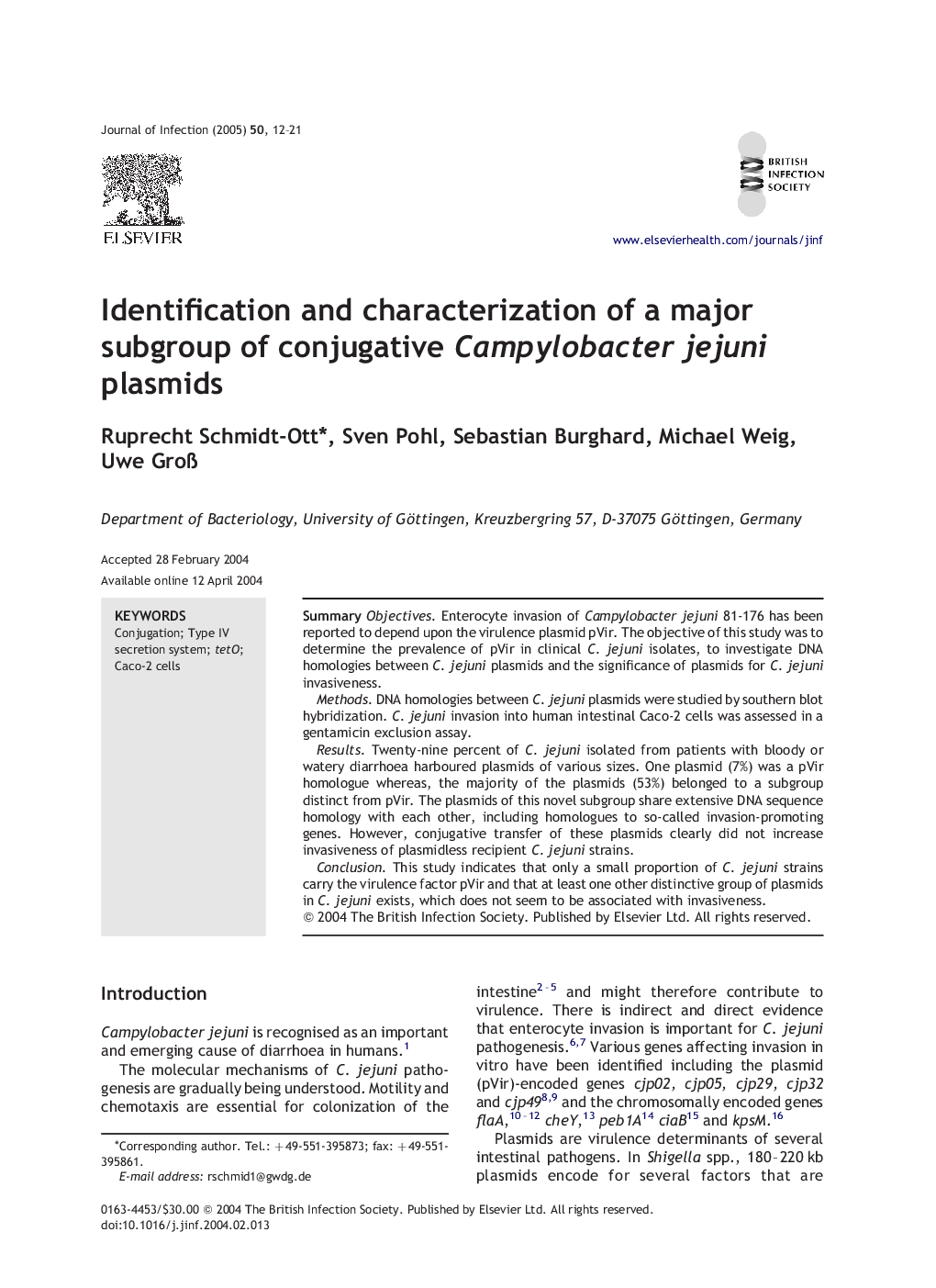 Identification and characterization of a major subgroup of conjugative Campylobacter jejuni plasmids