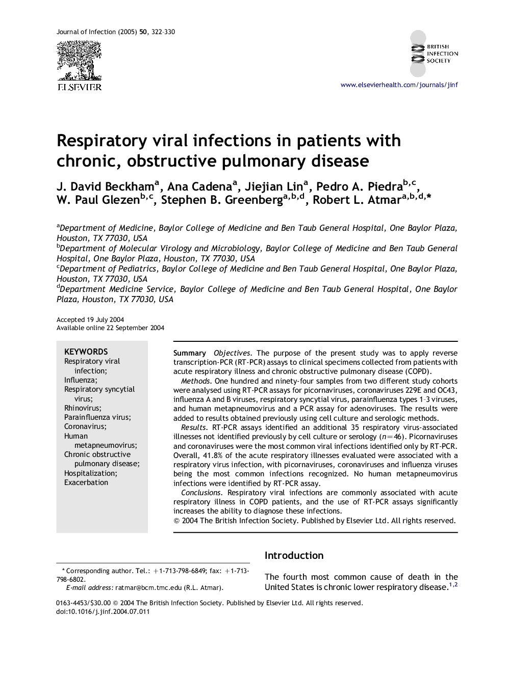 Respiratory viral infections in patients with chronic, obstructive pulmonary disease