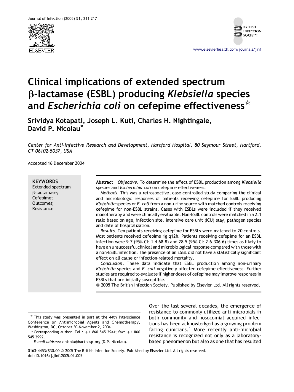 Clinical implications of extended spectrum Î²-lactamase (ESBL) producing Klebsiella species and Escherichia coli on cefepime effectiveness