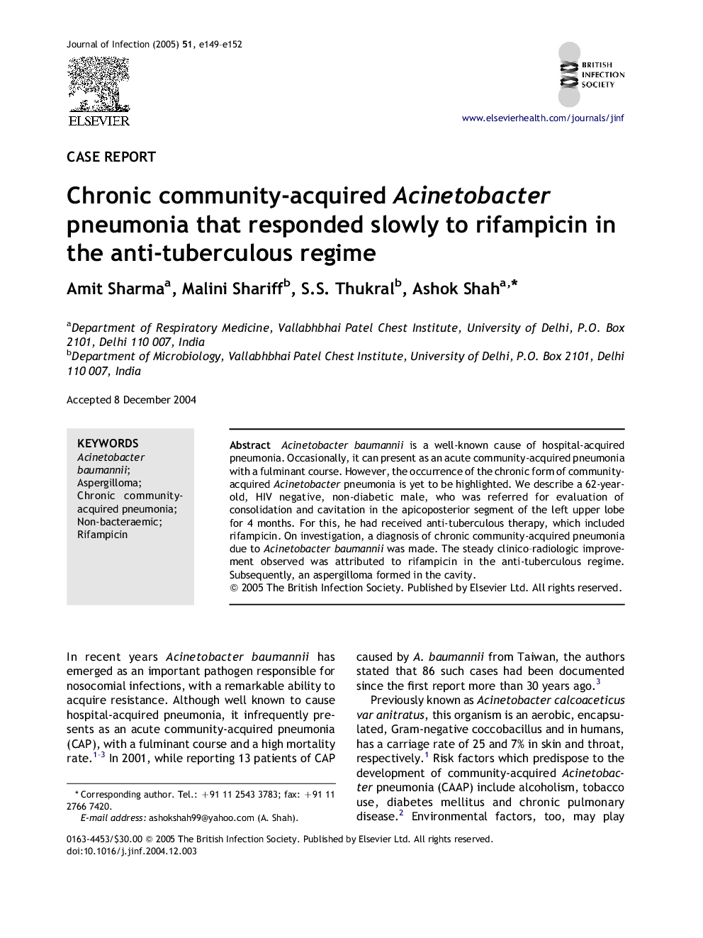 Chronic community-acquired Acinetobacter pneumonia that responded slowly to rifampicin in the anti-tuberculous regime