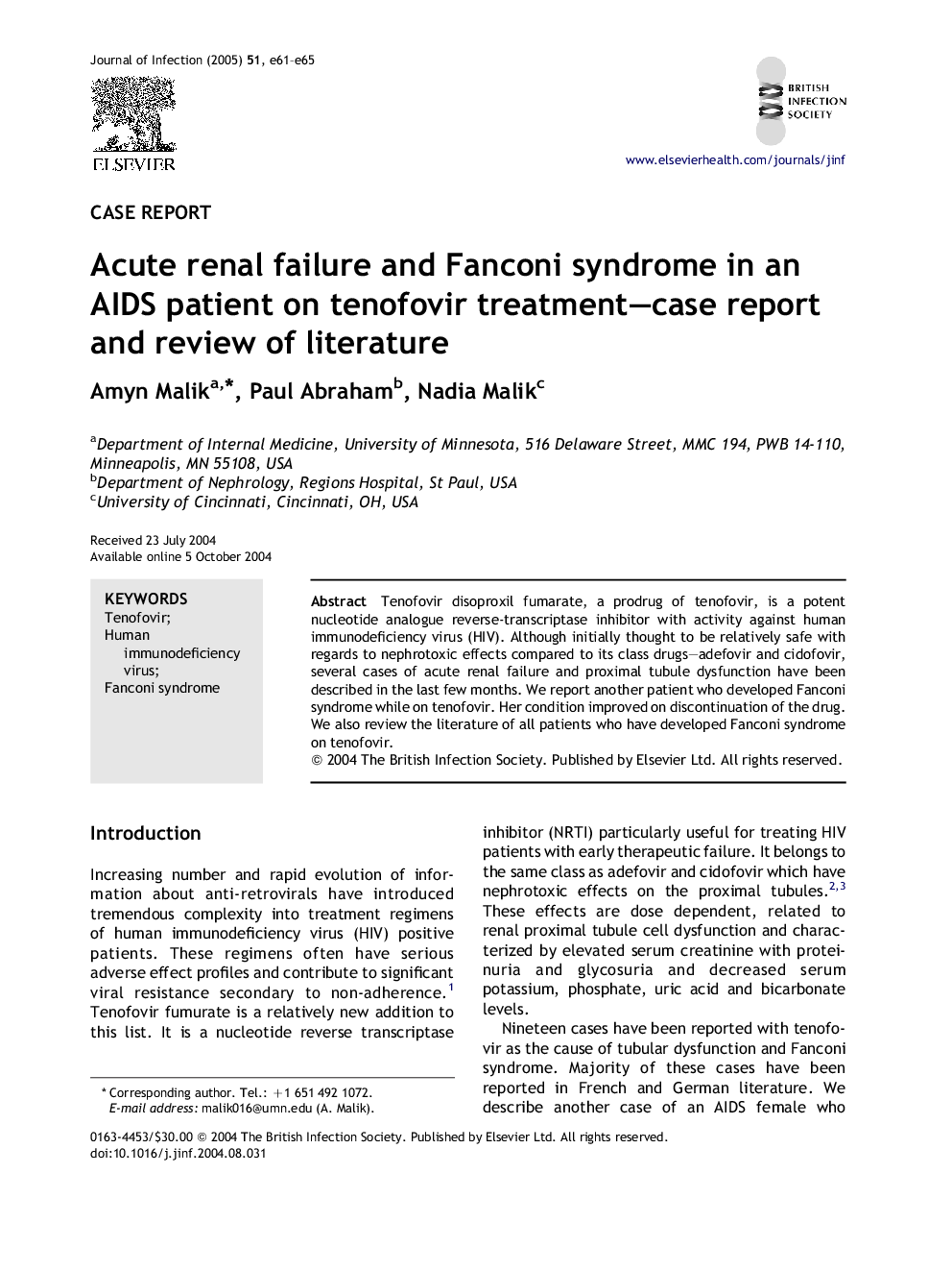 Acute renal failure and Fanconi syndrome in an AIDS patient on tenofovir treatment-case report and review of literature