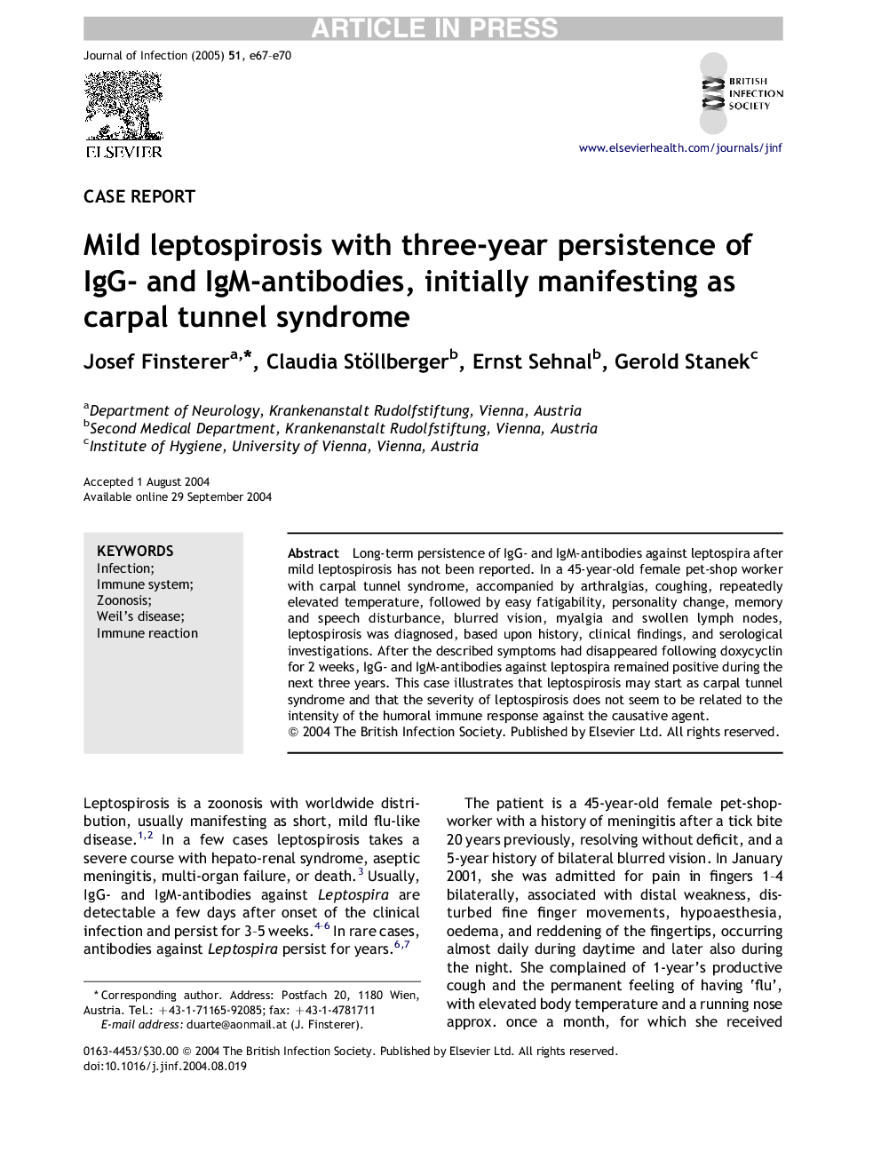 Mild leptospirosis with three-year persistence of IgG- and IgM-antibodies, initially manifesting as carpal tunnel syndrome