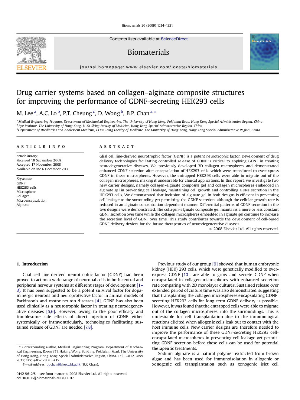 Drug carrier systems based on collagen–alginate composite structures for improving the performance of GDNF-secreting HEK293 cells