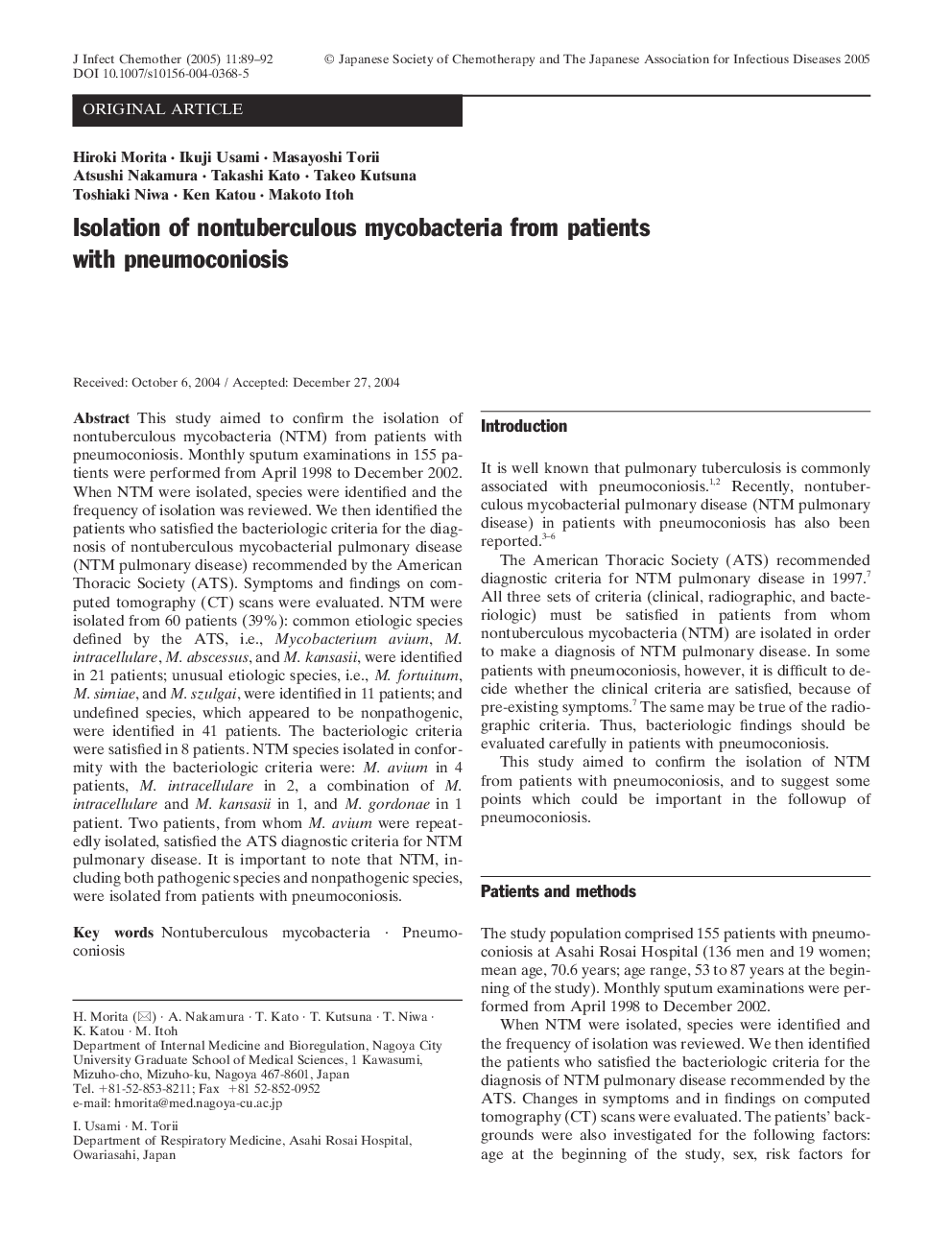 Isolation of nontuberculous mycobacteria from patients with pneumoconiosis