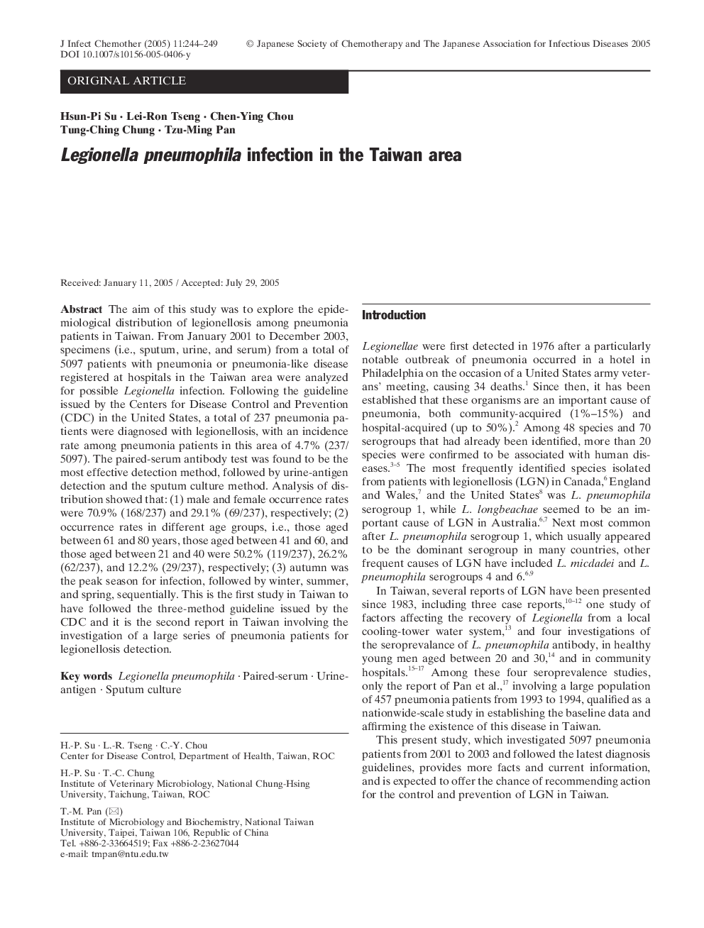 Legionella pneumophila infection in the Taiwan area