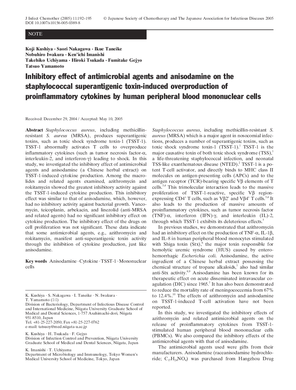 Inhibitory effect of antimicrobial agents and anisodamine on the staphylococcal superantigenic toxin-induced overproduction of proinflammatory cytokines by human peripheral blood mononuclear cells