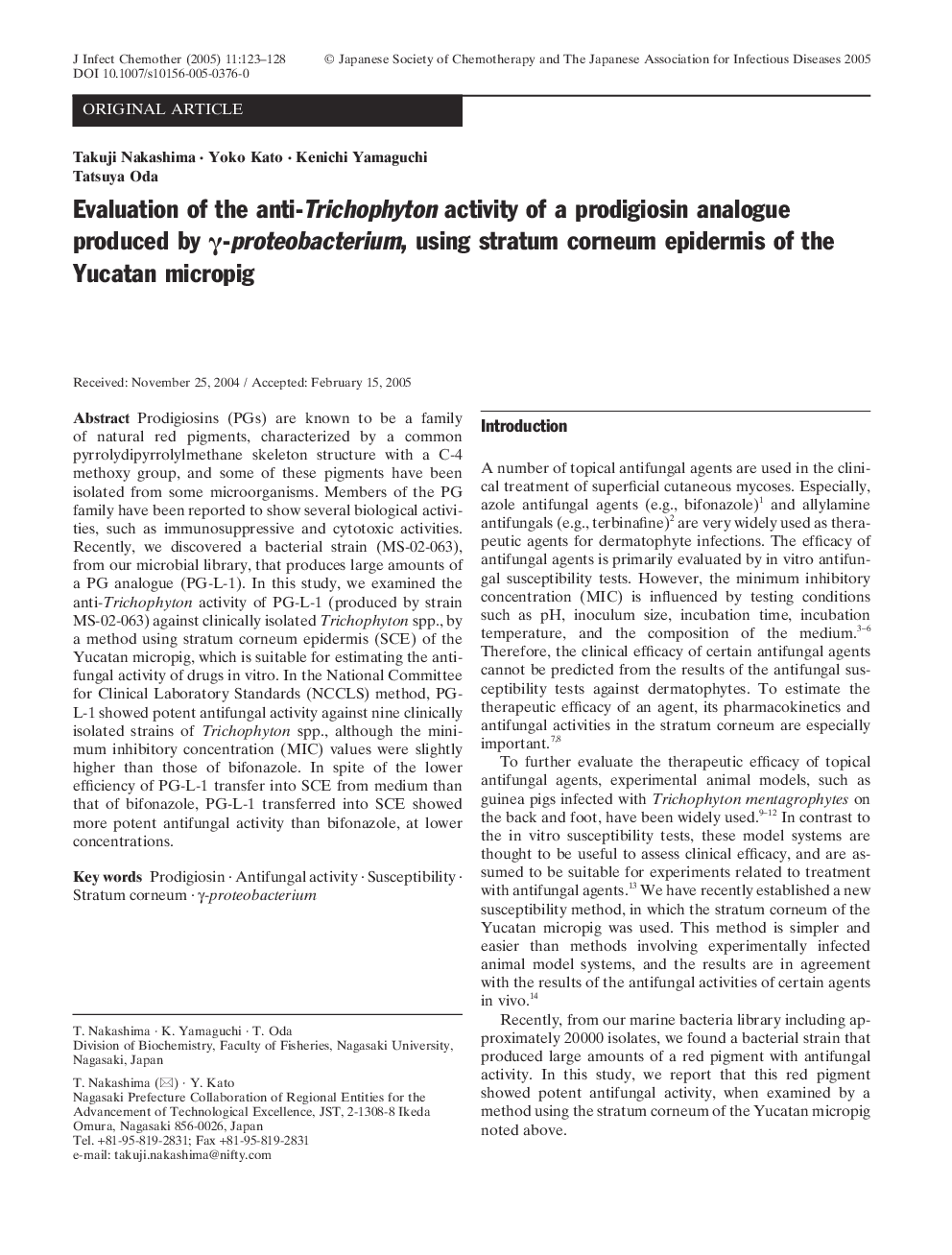 Evaluation of the anti-Trichophyton activity of a prodigiosin analogue produced by Î³-proteobacterium, using stratum corneum epidermis of the Yucatan micropig