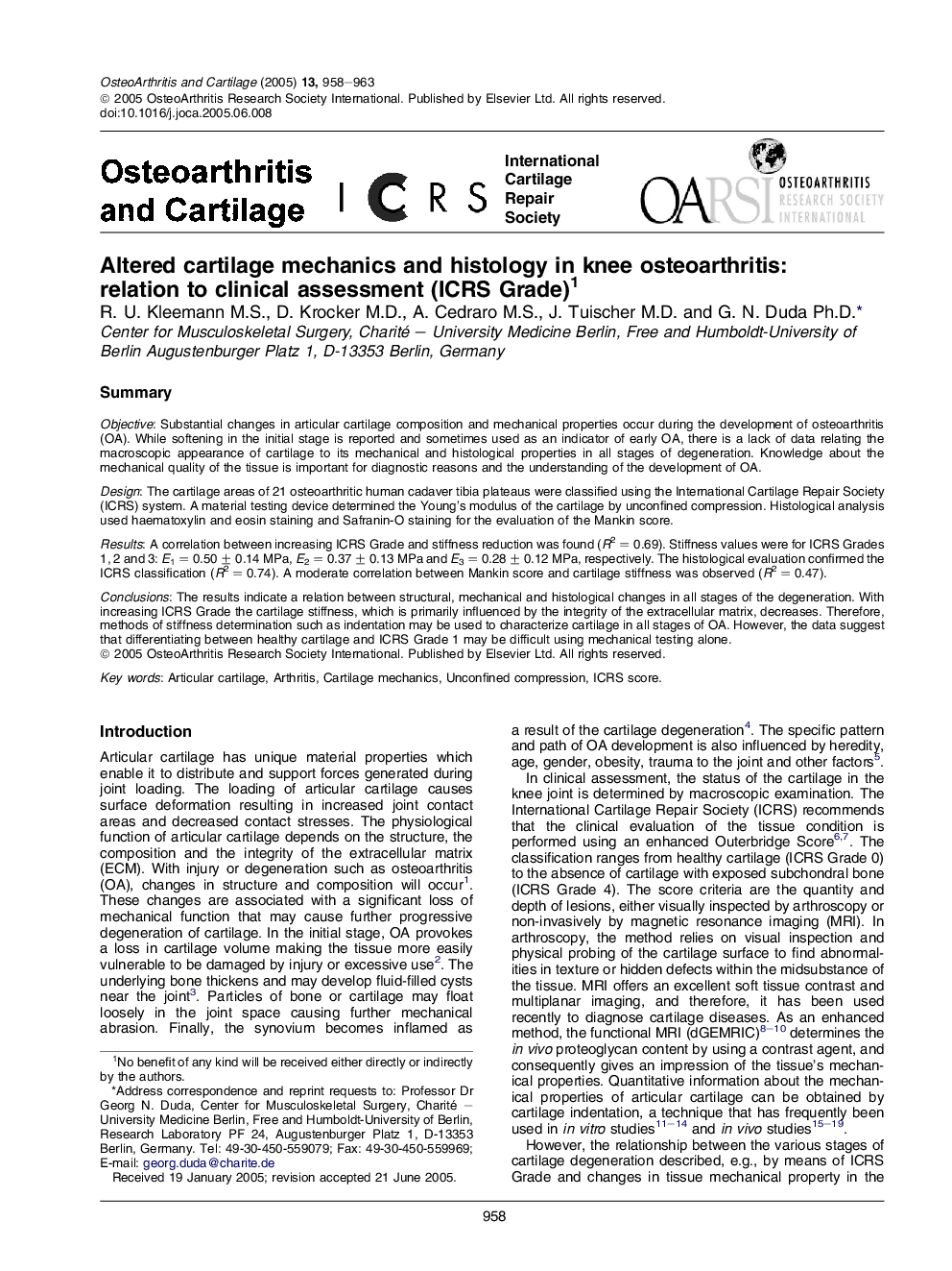 Altered cartilage mechanics and histology in knee osteoarthritis: relation to clinical assessment (ICRS Grade)