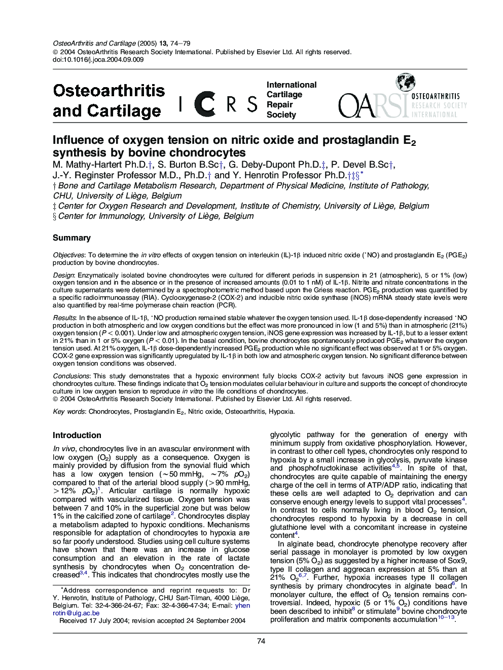 Influence of oxygen tension on nitric oxide and prostaglandin E2 synthesis by bovine chondrocytes