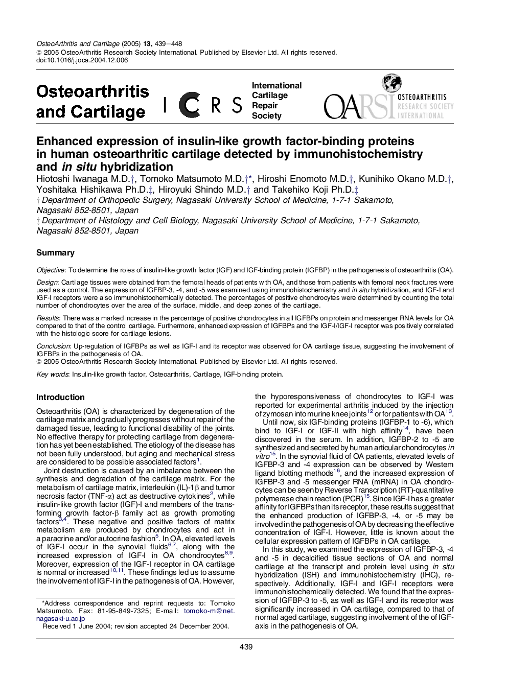 Enhanced expression of insulin-like growth factor-binding proteins in human osteoarthritic cartilage detected by immunohistochemistry and in situ hybridization