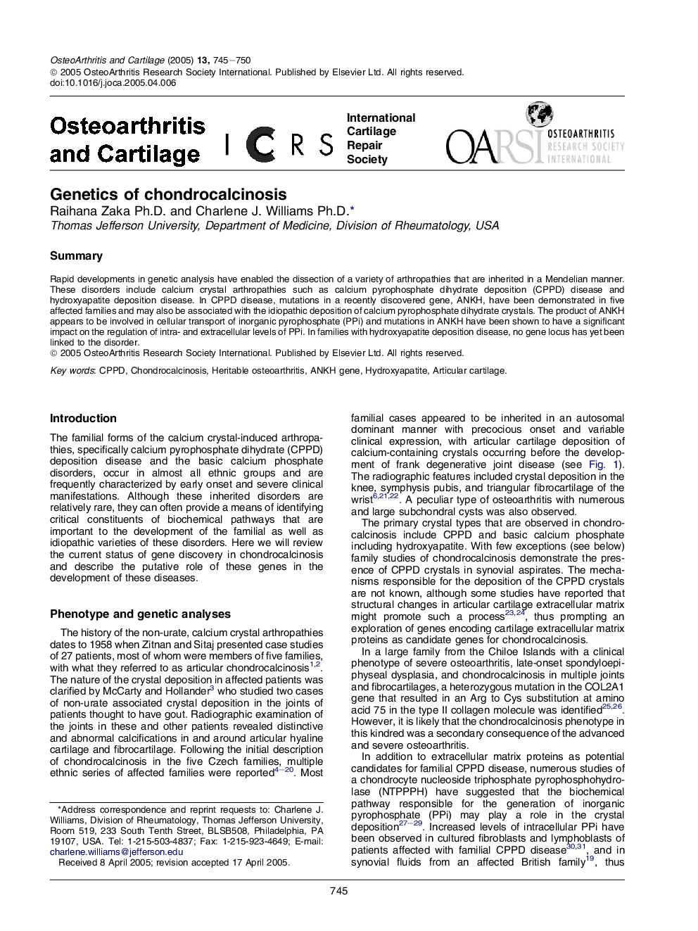 Genetics of chondrocalcinosis