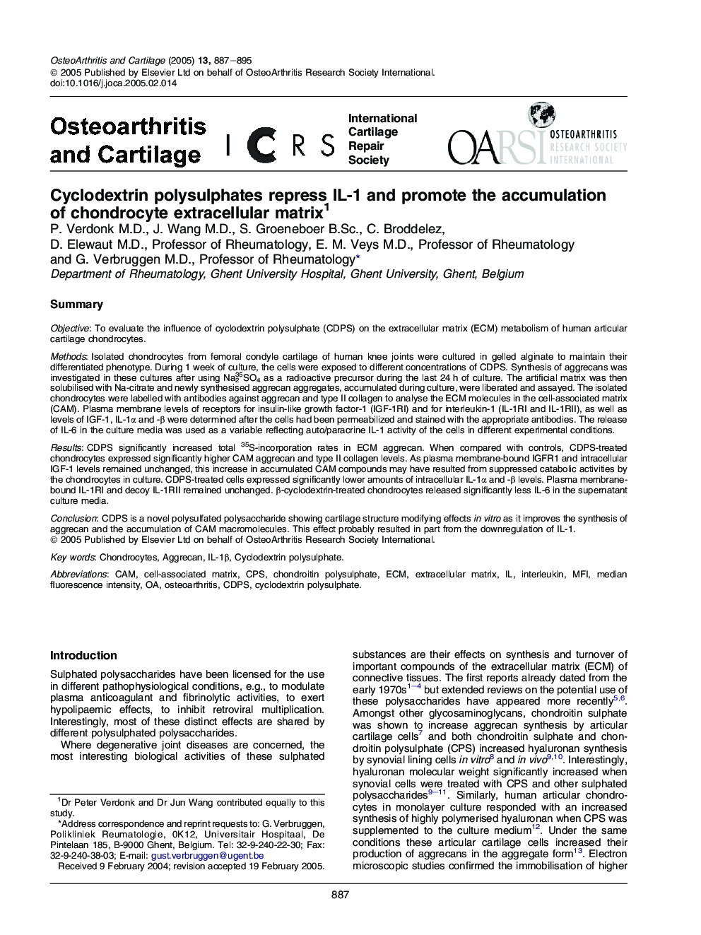 Cyclodextrin polysulphates repress IL-1 and promote the accumulation of chondrocyte extracellular matrix