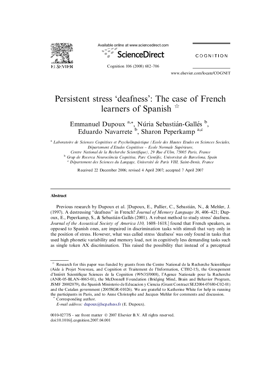 Persistent stress ‘deafness’: The case of French learners of Spanish 