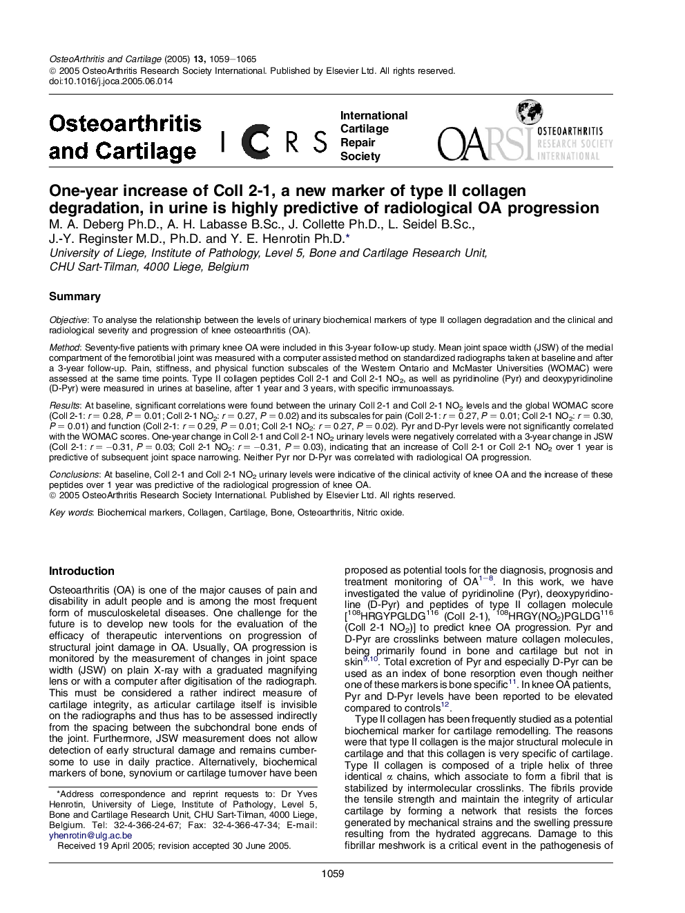 One-year increase of Coll 2-1, a new marker of type II collagen degradation, in urine is highly predictive of radiological OA progression