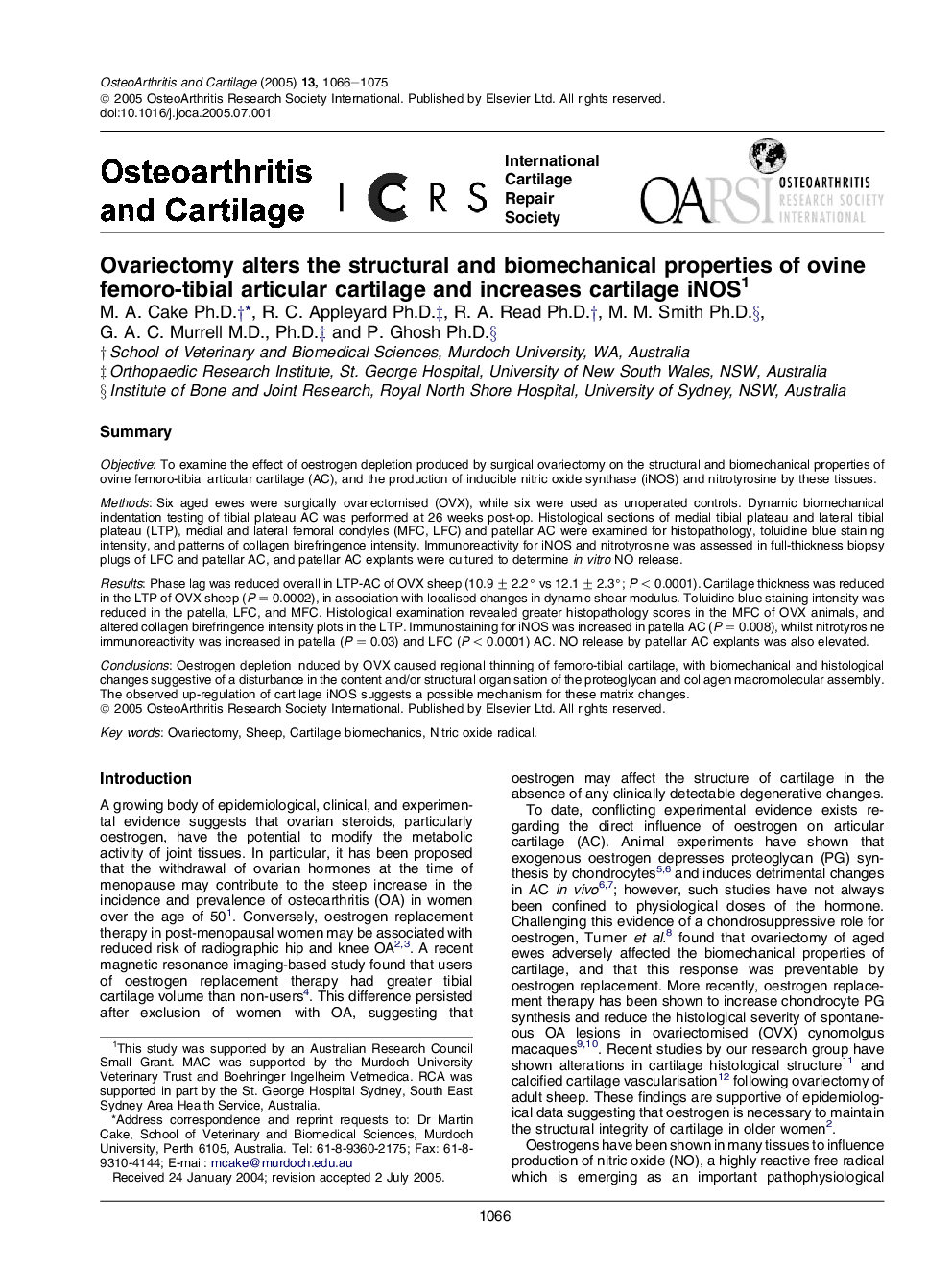 Ovariectomy alters the structural and biomechanical properties of ovine femoro-tibial articular cartilage and increases cartilage iNOS