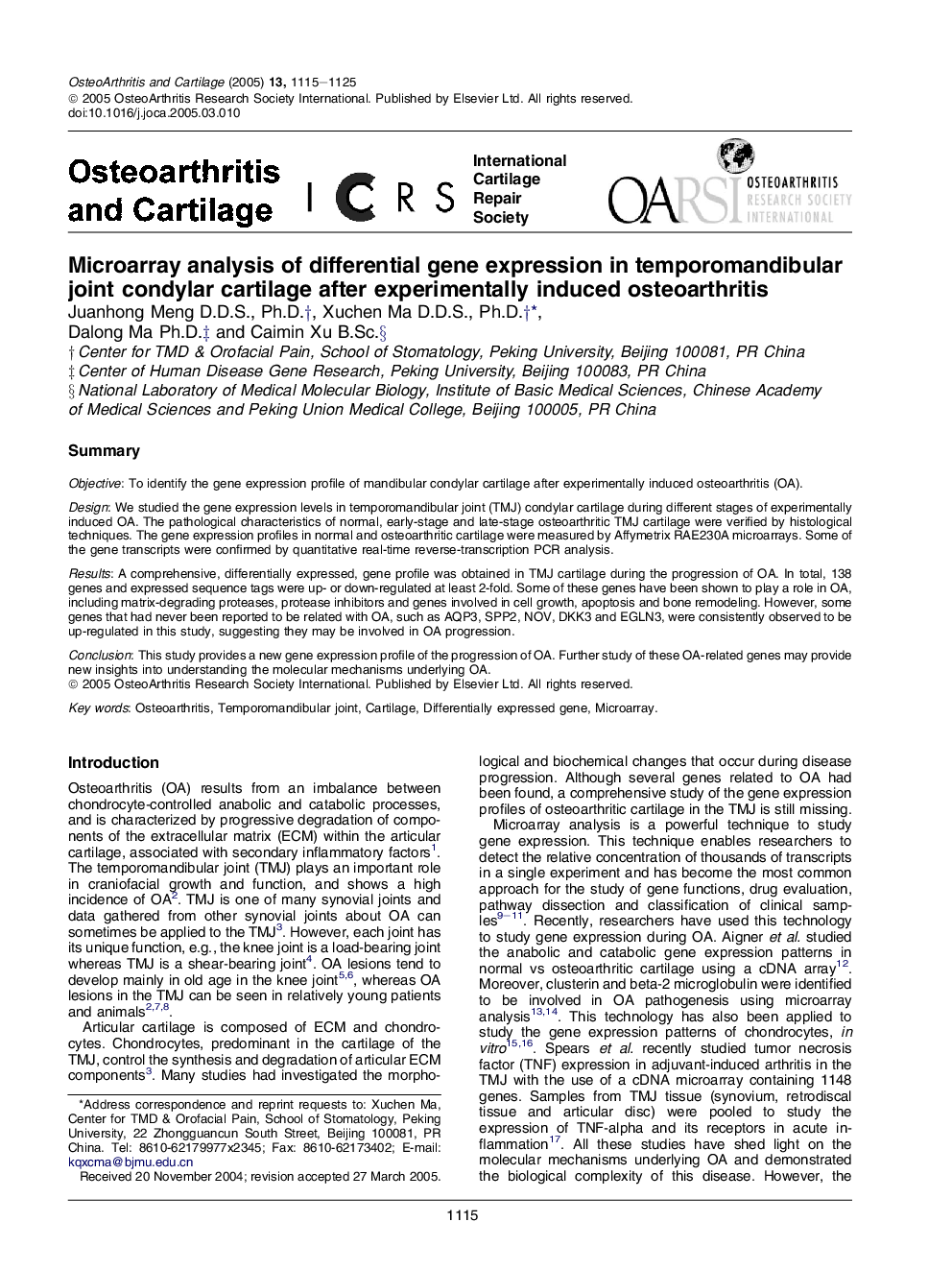 Microarray analysis of differential gene expression in temporomandibular joint condylar cartilage after experimentally induced osteoarthritis