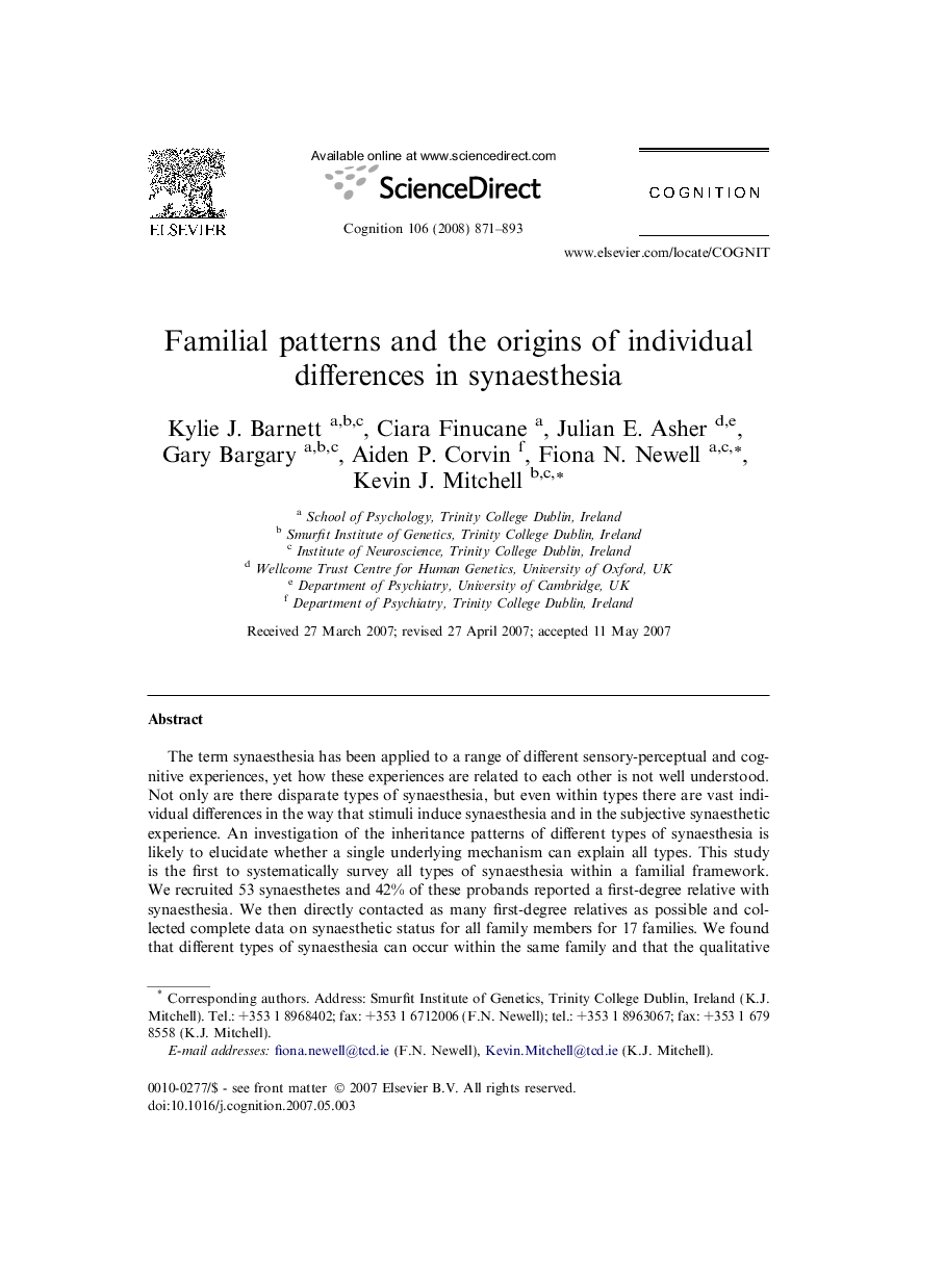 Familial patterns and the origins of individual differences in synaesthesia