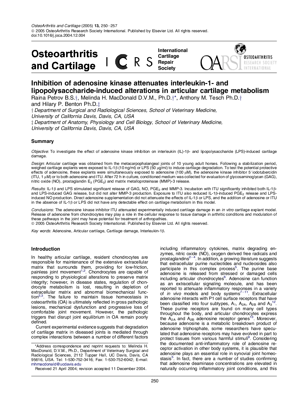 Inhibition of adenosine kinase attenuates interleukin-1- and lipopolysaccharide-induced alterations in articular cartilage metabolism