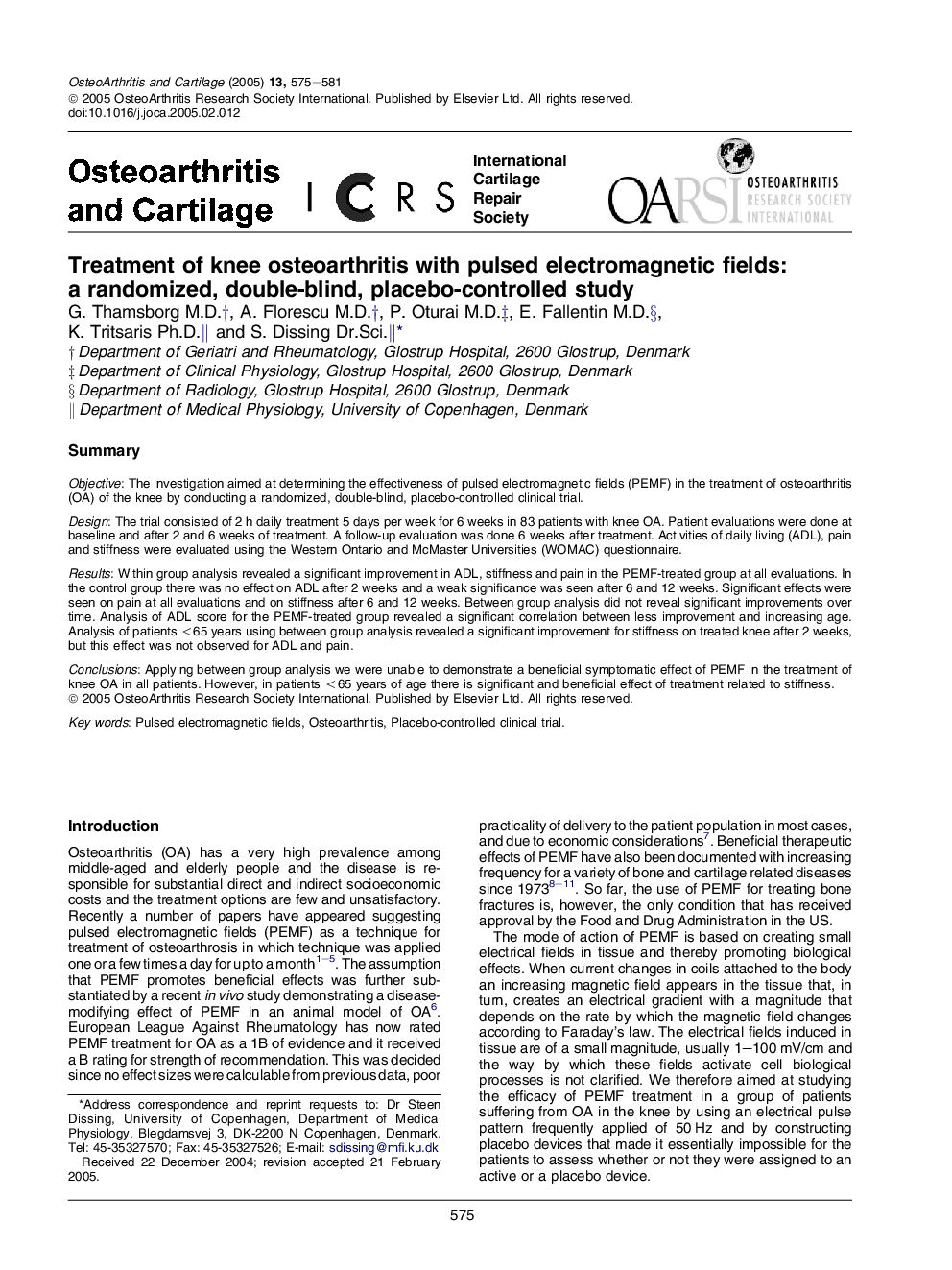 Treatment of knee osteoarthritis with pulsed electromagnetic fields: a randomized, double-blind, placebo-controlled study