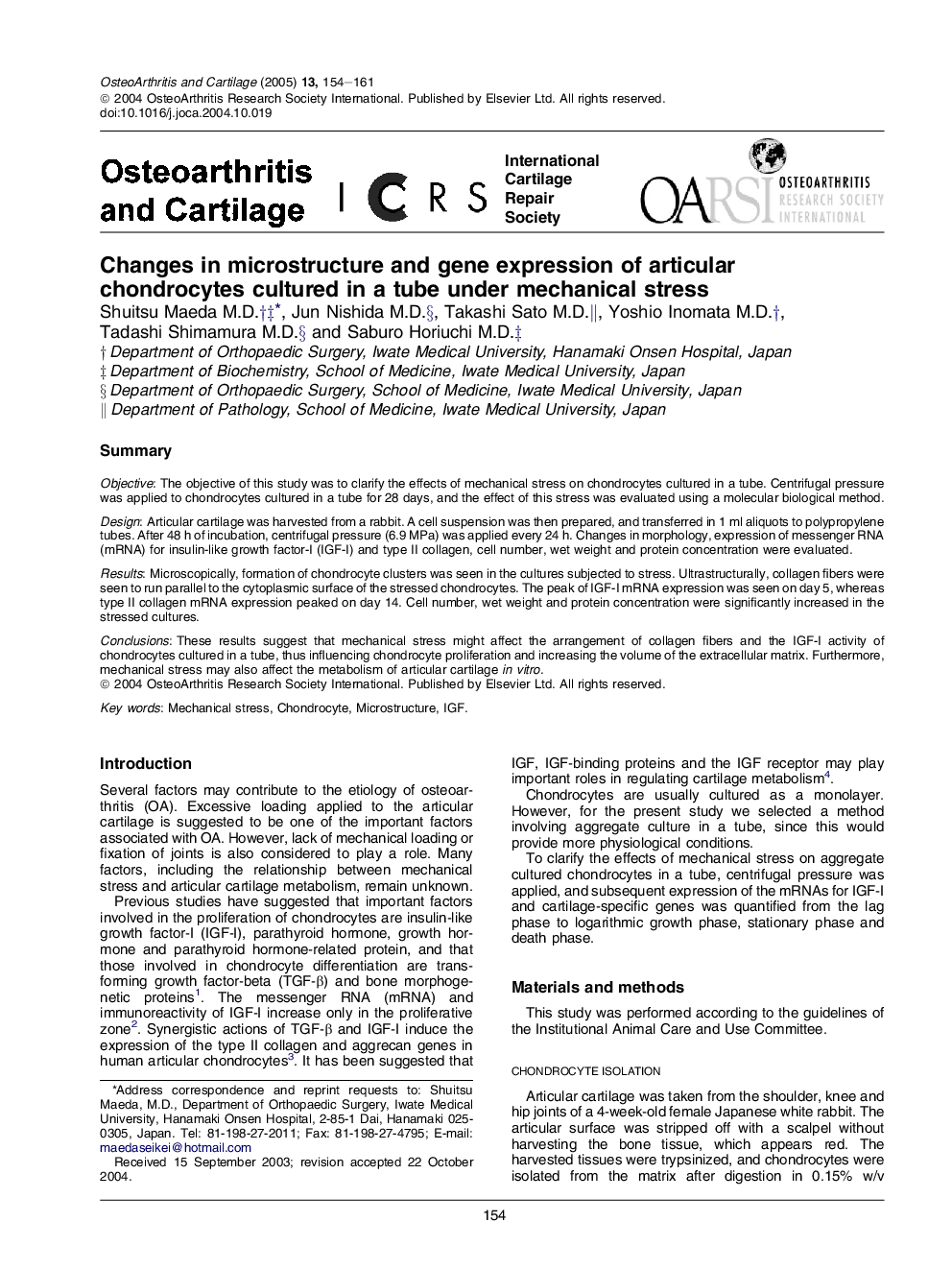 Changes in microstructure and gene expression of articular chondrocytes cultured in a tube under mechanical stress