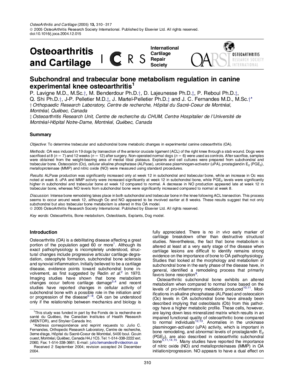 Subchondral and trabecular bone metabolism regulation in canine experimental knee osteoarthritis