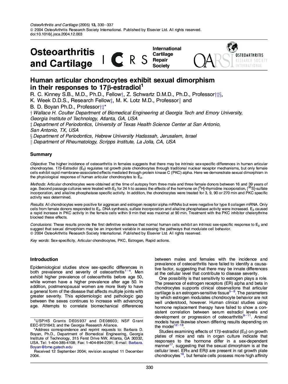 Human articular chondrocytes exhibit sexual dimorphism in their responses to 17Î²-estradiol