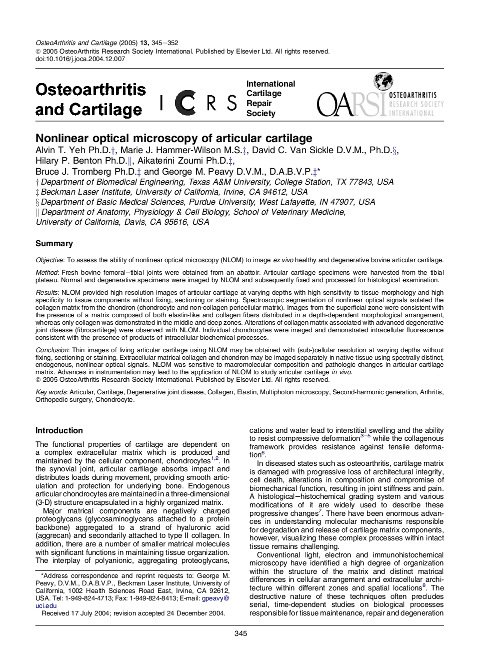 Nonlinear optical microscopy of articular cartilage