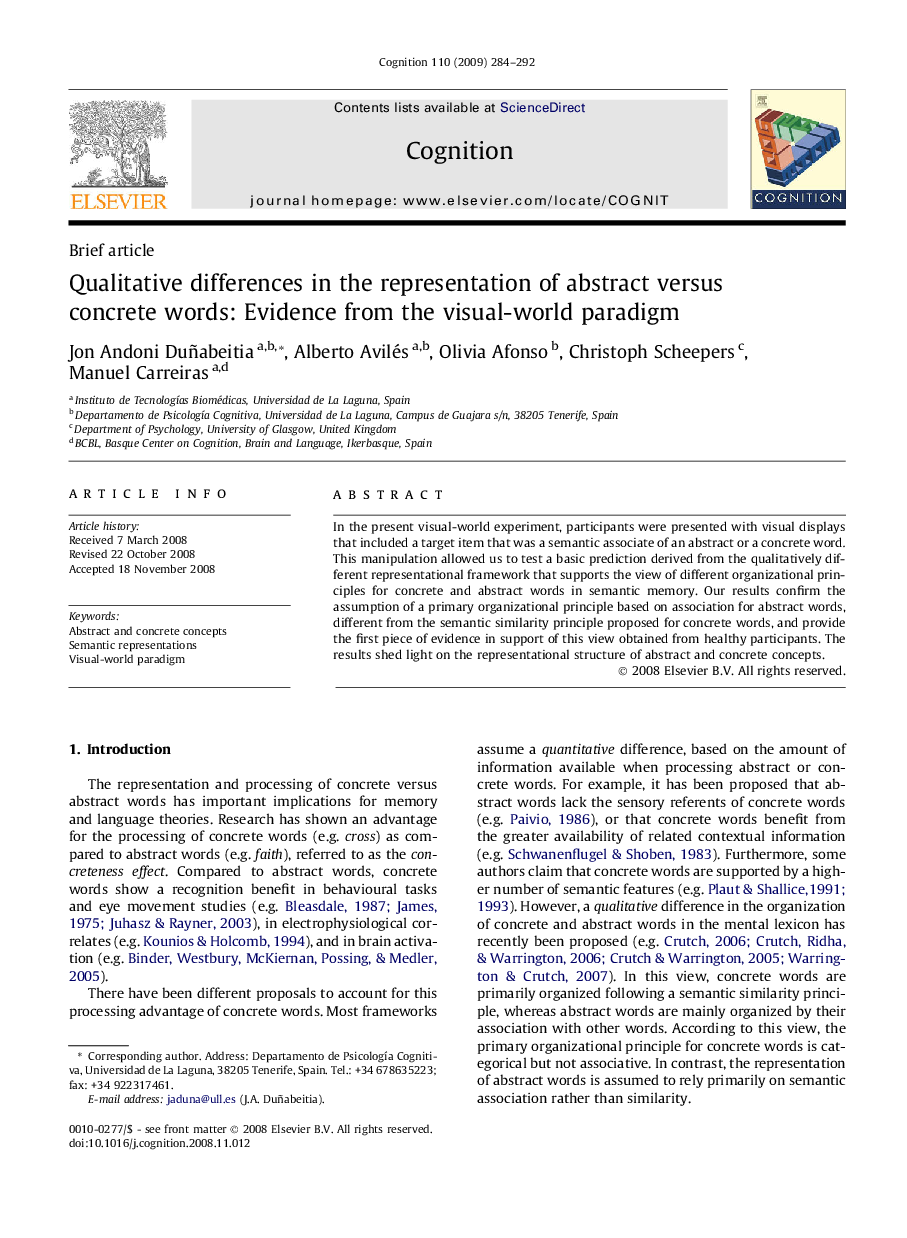 Qualitative differences in the representation of abstract versus concrete words: Evidence from the visual-world paradigm