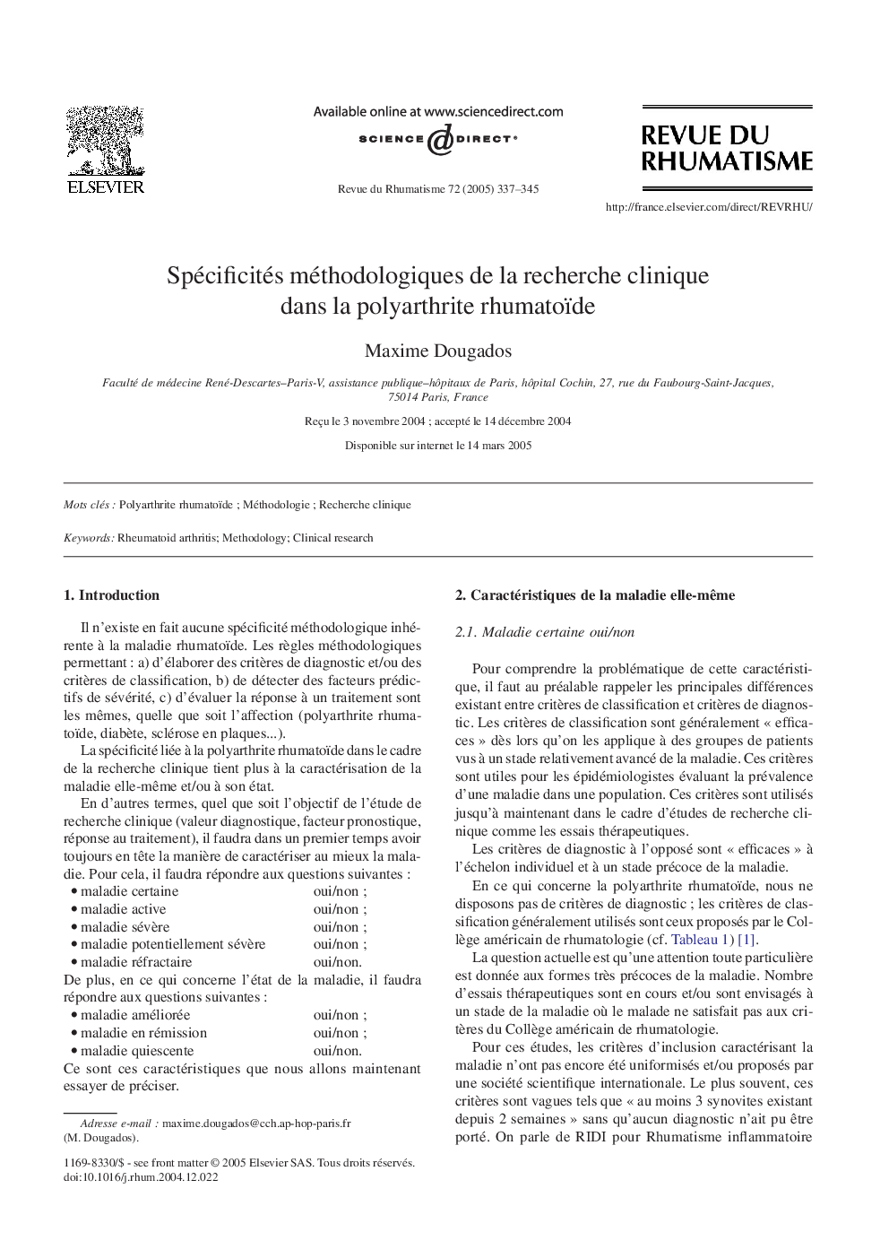 Spécificités méthodologiques de la recherche clinique dans la polyarthrite rhumatoïde