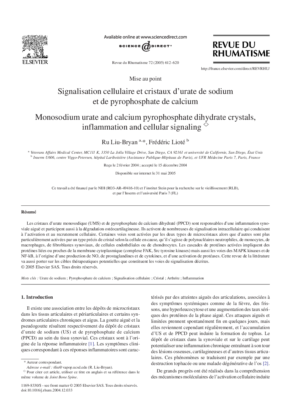 Signalisation cellulaire et cristaux d'urate de sodium et de pyrophosphate de calcium