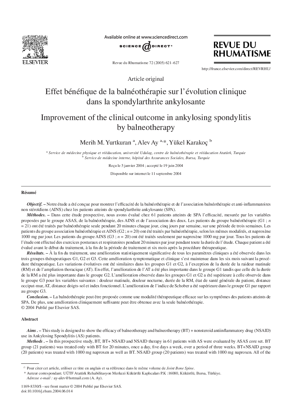 Effet bénéfique de la balnéothérapie sur l'évolution clinique dans la spondylarthrite ankylosante