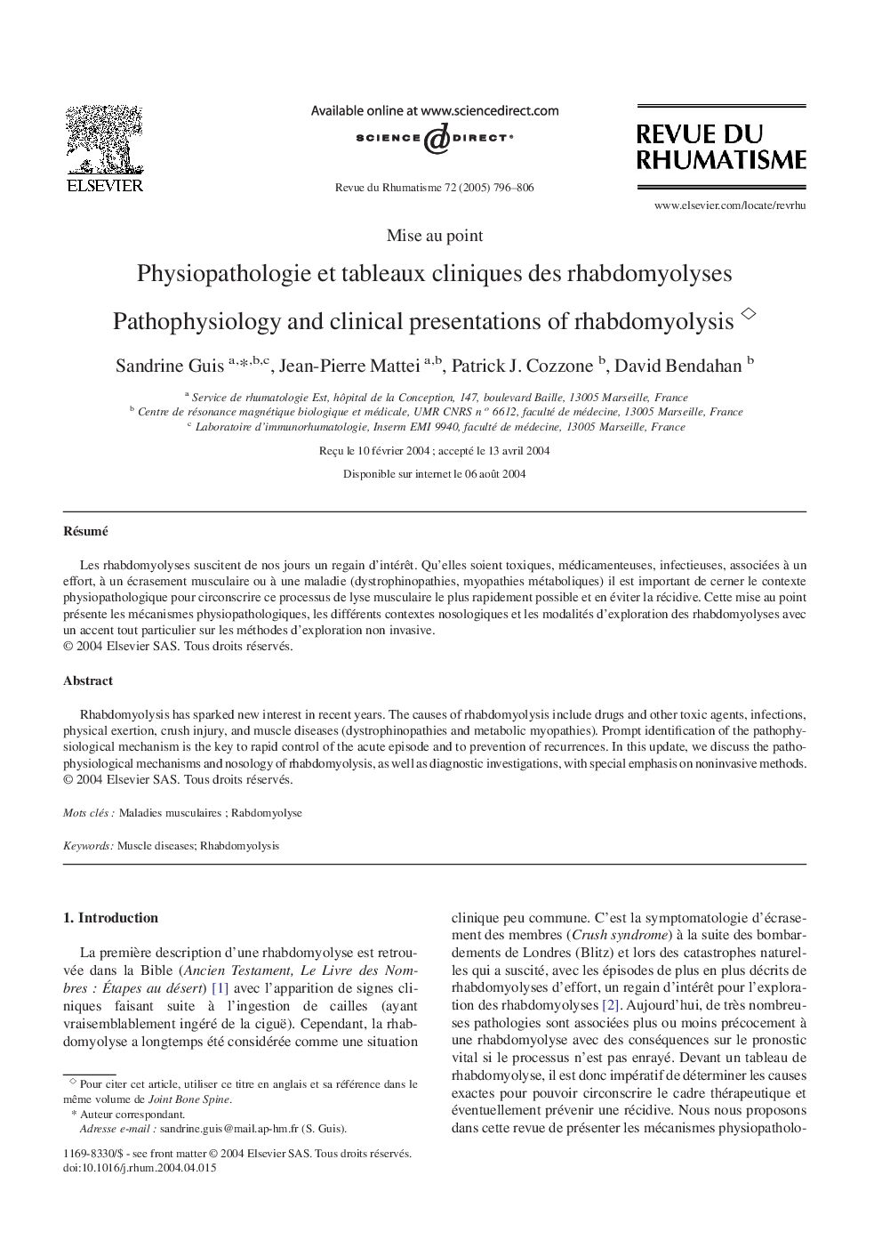 Physiopathologie et tableaux cliniques des rhabdomyolyses