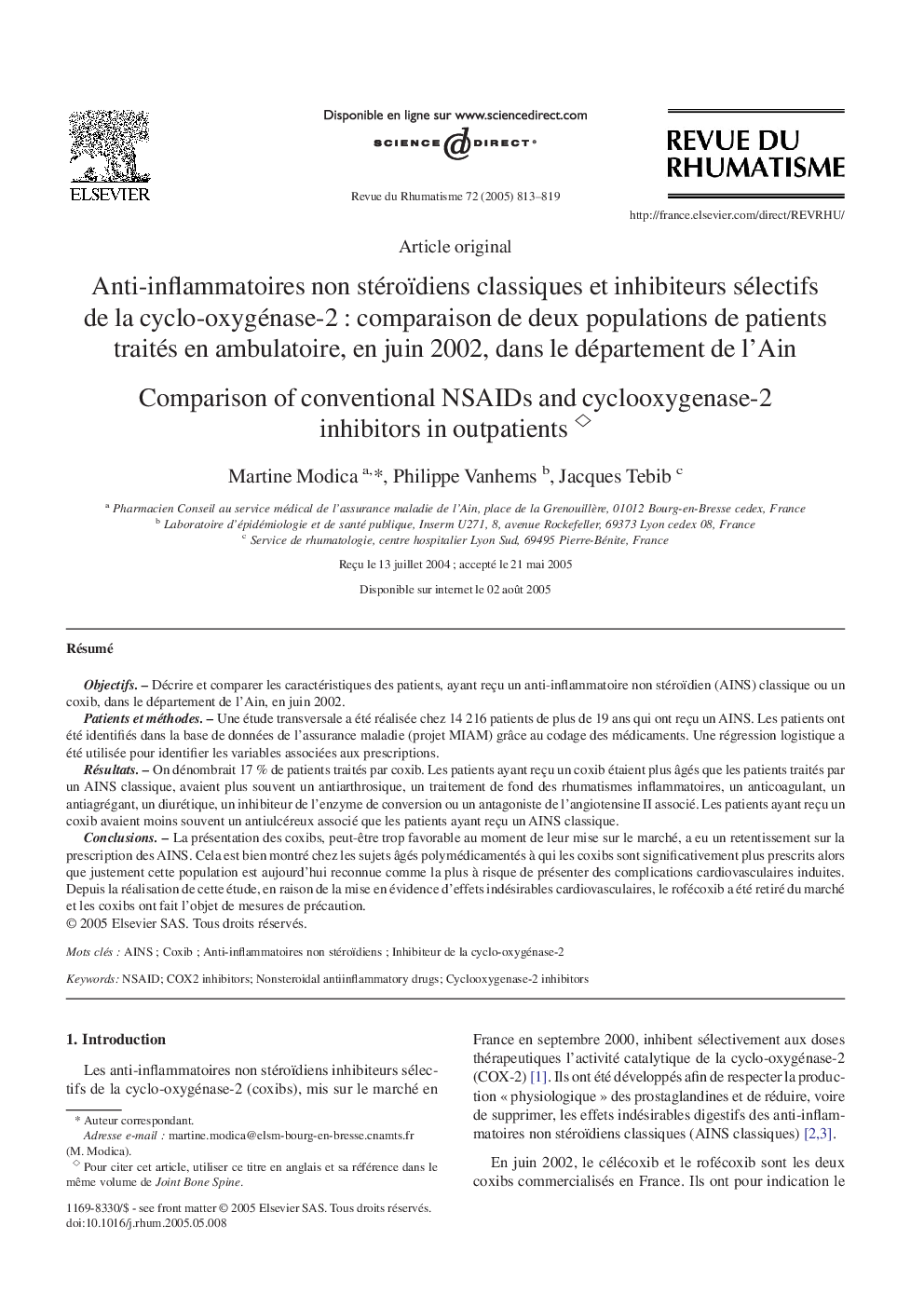 Anti-inflammatoires non stéroïdiens classiques et inhibiteurs sélectifs de la cyclo-oxygénase-2Â : comparaison de deux populations de patients traités en ambulatoire, en juin 2002, dans le département de l'Ain