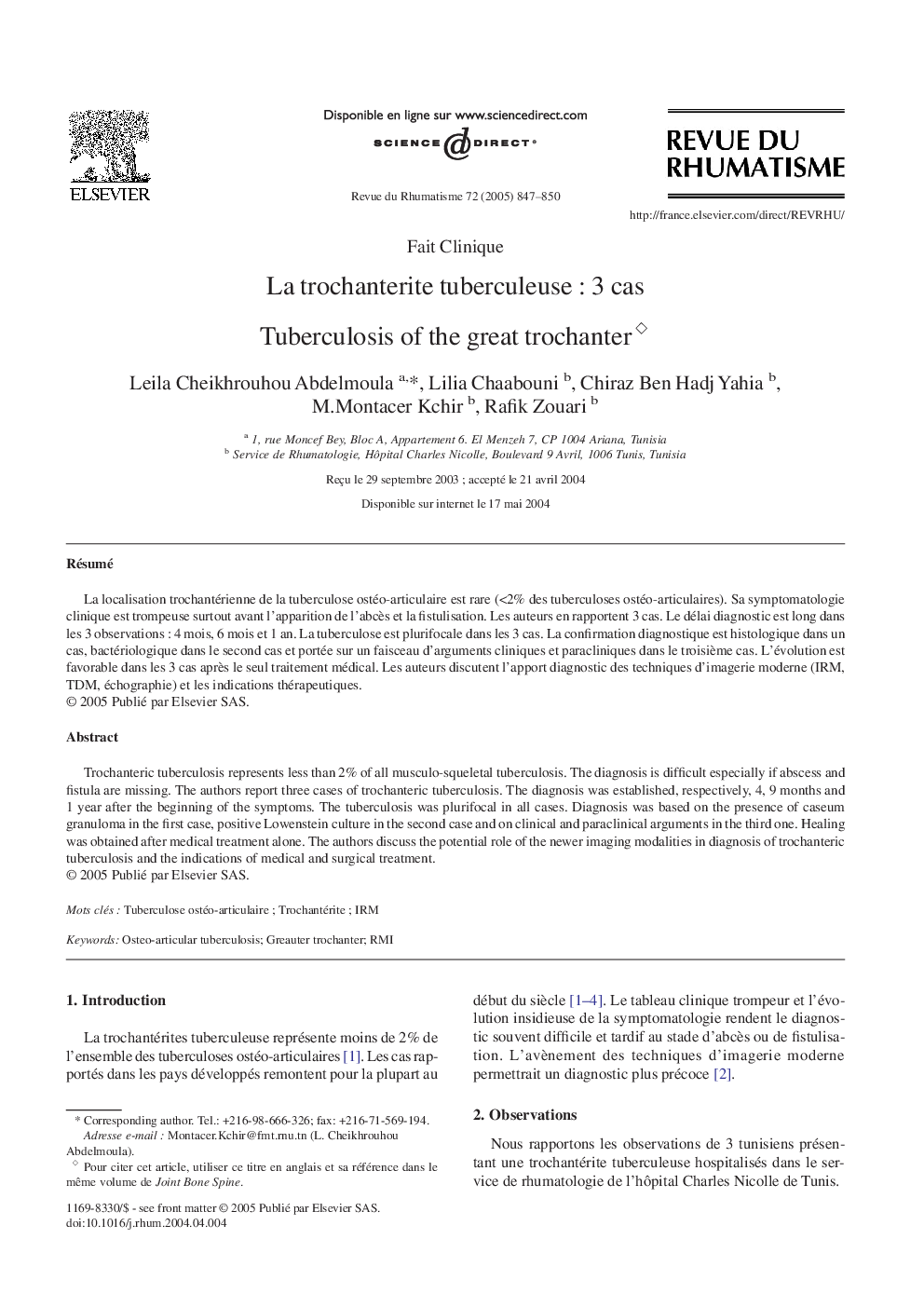 La trochanterite tuberculeuseÂ : 3Â cas