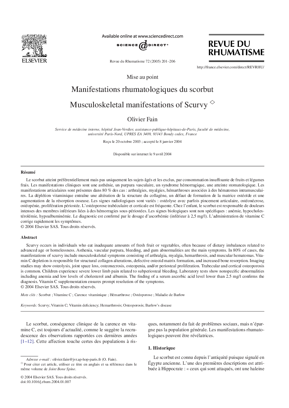 Manifestations rhumatologiques du scorbut