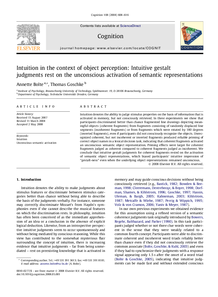 Intuition in the context of object perception: Intuitive gestalt judgments rest on the unconscious activation of semantic representations