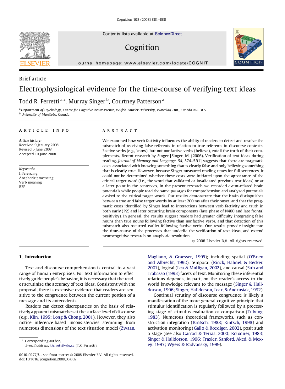 Electrophysiological evidence for the time-course of verifying text ideas