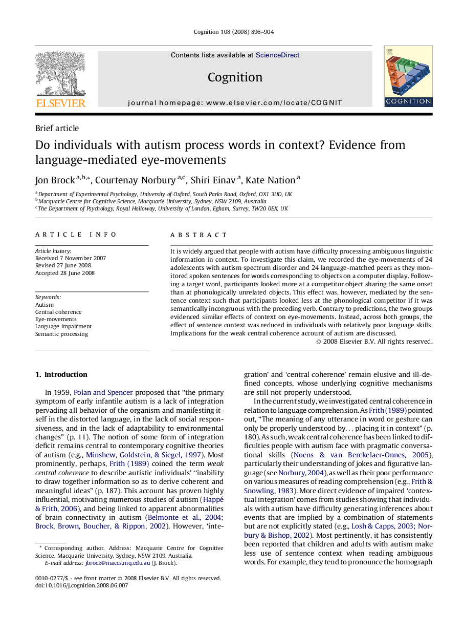 Do individuals with autism process words in context? Evidence from language-mediated eye-movements