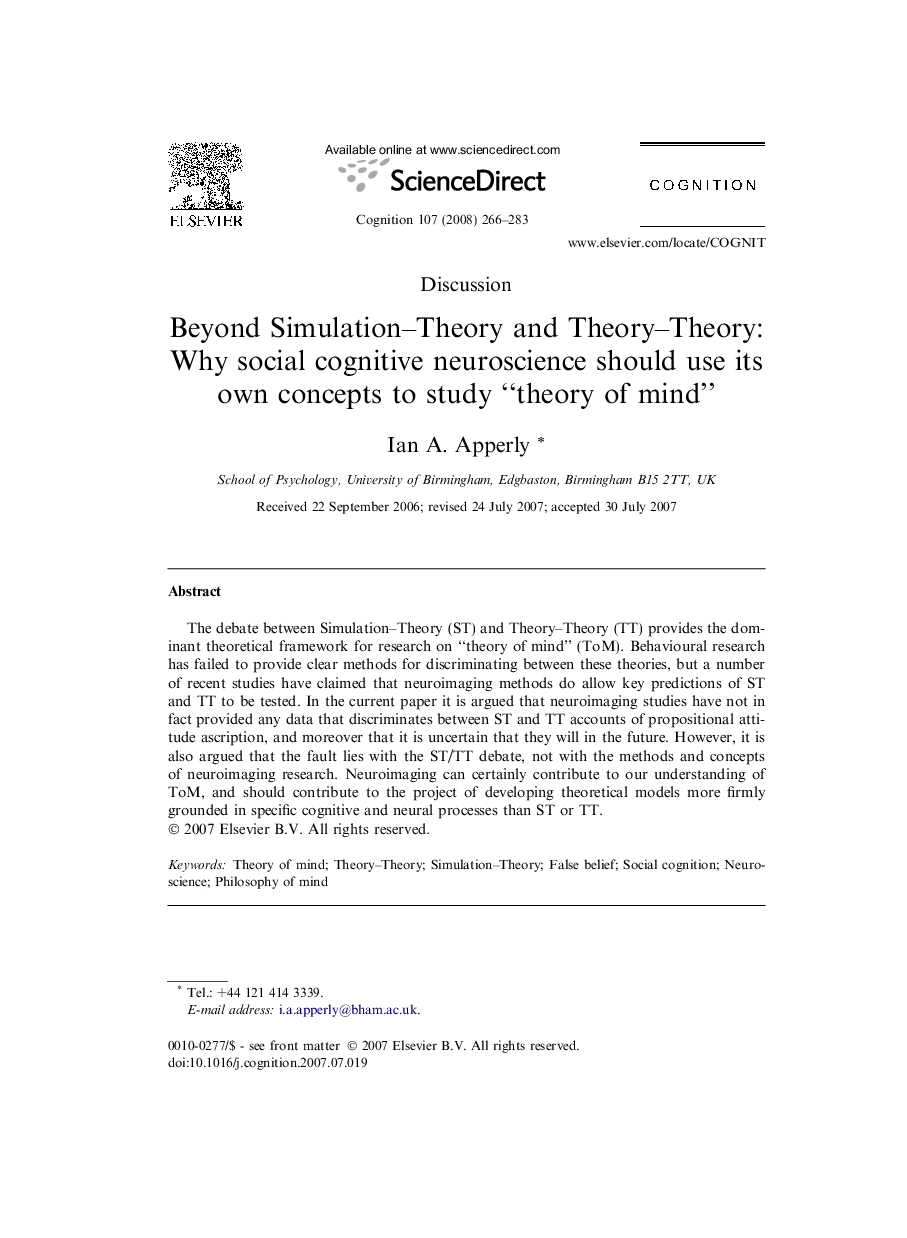 Beyond Simulation–Theory and Theory–Theory: Why social cognitive neuroscience should use its own concepts to study “theory of mind”