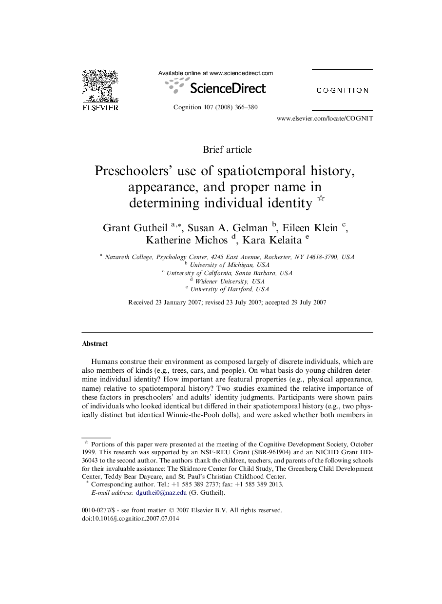 Preschoolers’ use of spatiotemporal history, appearance, and proper name in determining individual identity 