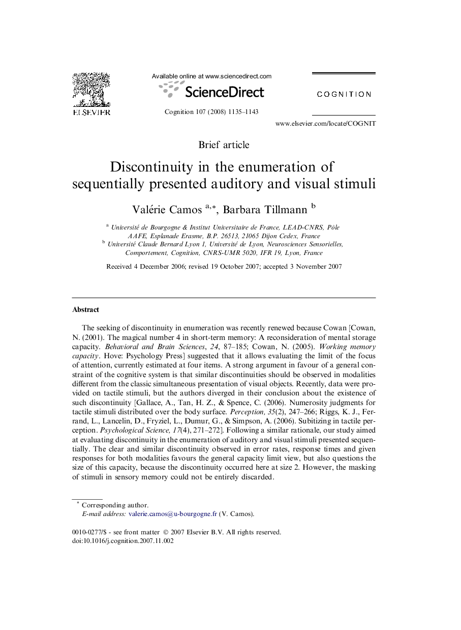 Discontinuity in the enumeration of sequentially presented auditory and visual stimuli