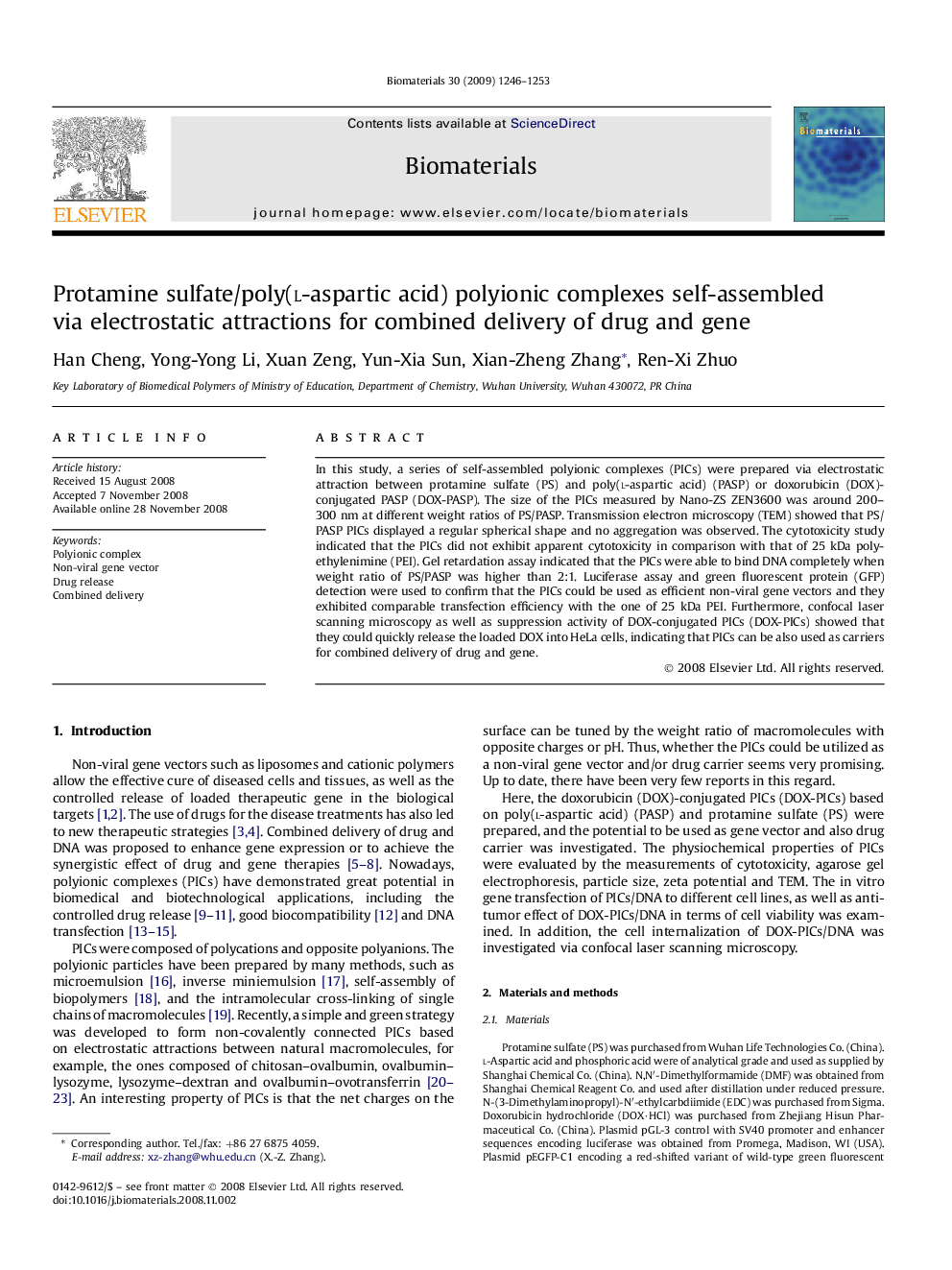 Protamine sulfate/poly(l-aspartic acid) polyionic complexes self-assembled via electrostatic attractions for combined delivery of drug and gene