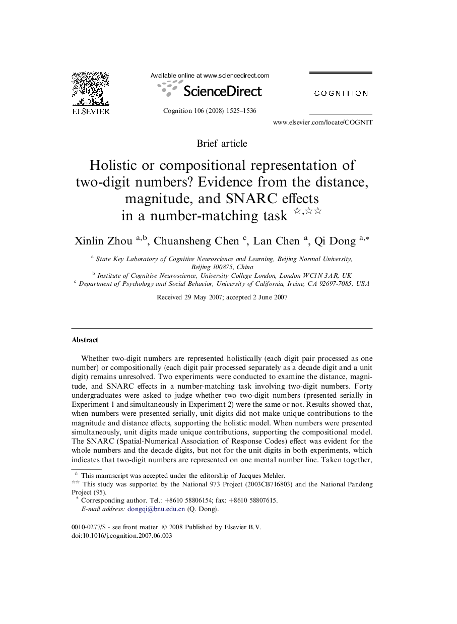 Holistic or compositional representation of two-digit numbers? Evidence from the distance, magnitude, and SNARC effects in a number-matching task 