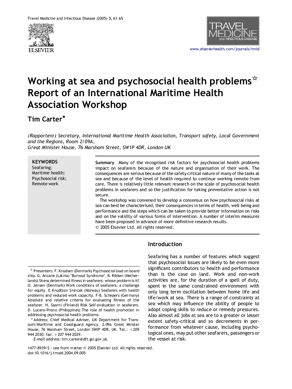 Working at sea and psychosocial health problems