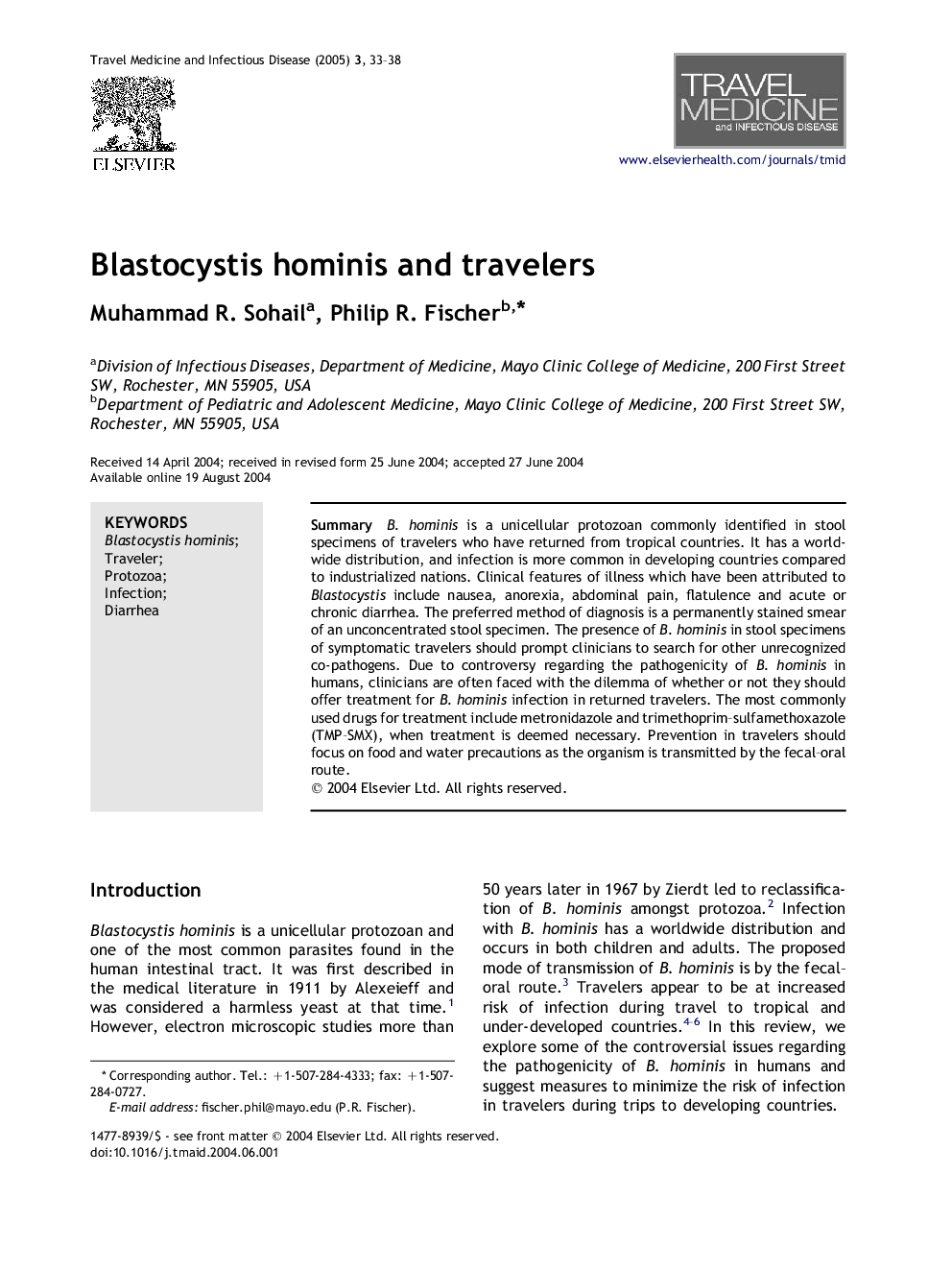 Blastocystis hominis and travelers