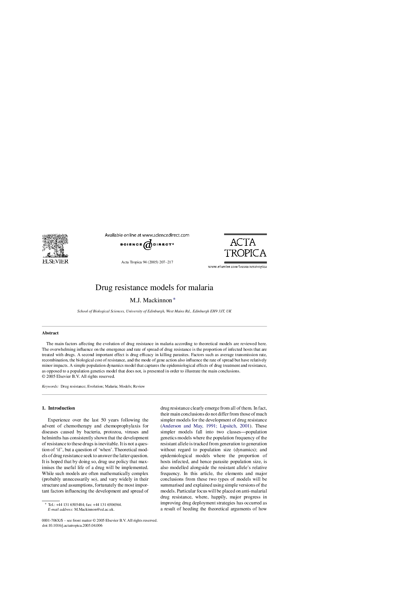 Drug resistance models for malaria