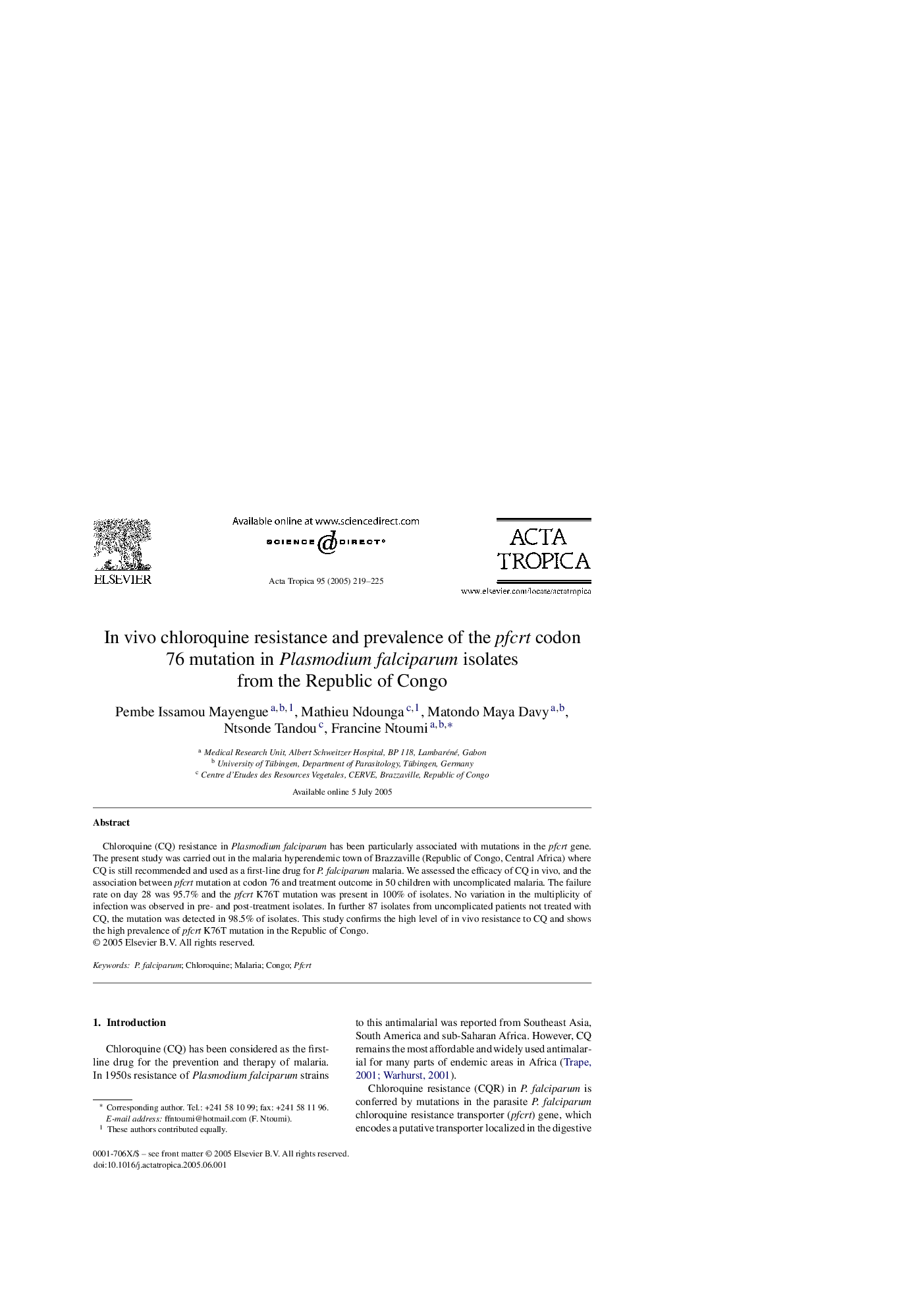 In vivo chloroquine resistance and prevalence of the pfcrt codon 76 mutation in Plasmodium falciparum isolates from the Republic of Congo