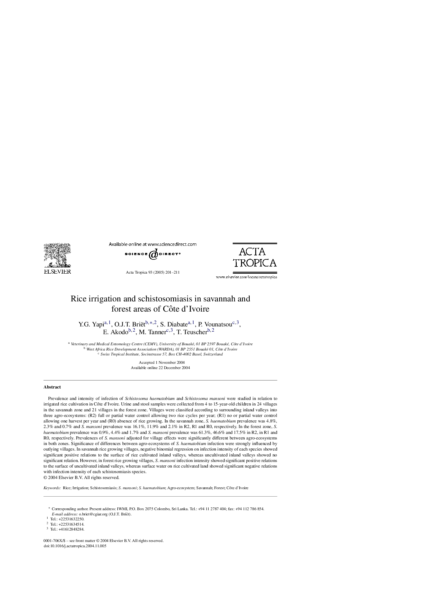 Rice irrigation and schistosomiasis in savannah and forest areas of CÃ´te d'Ivoire