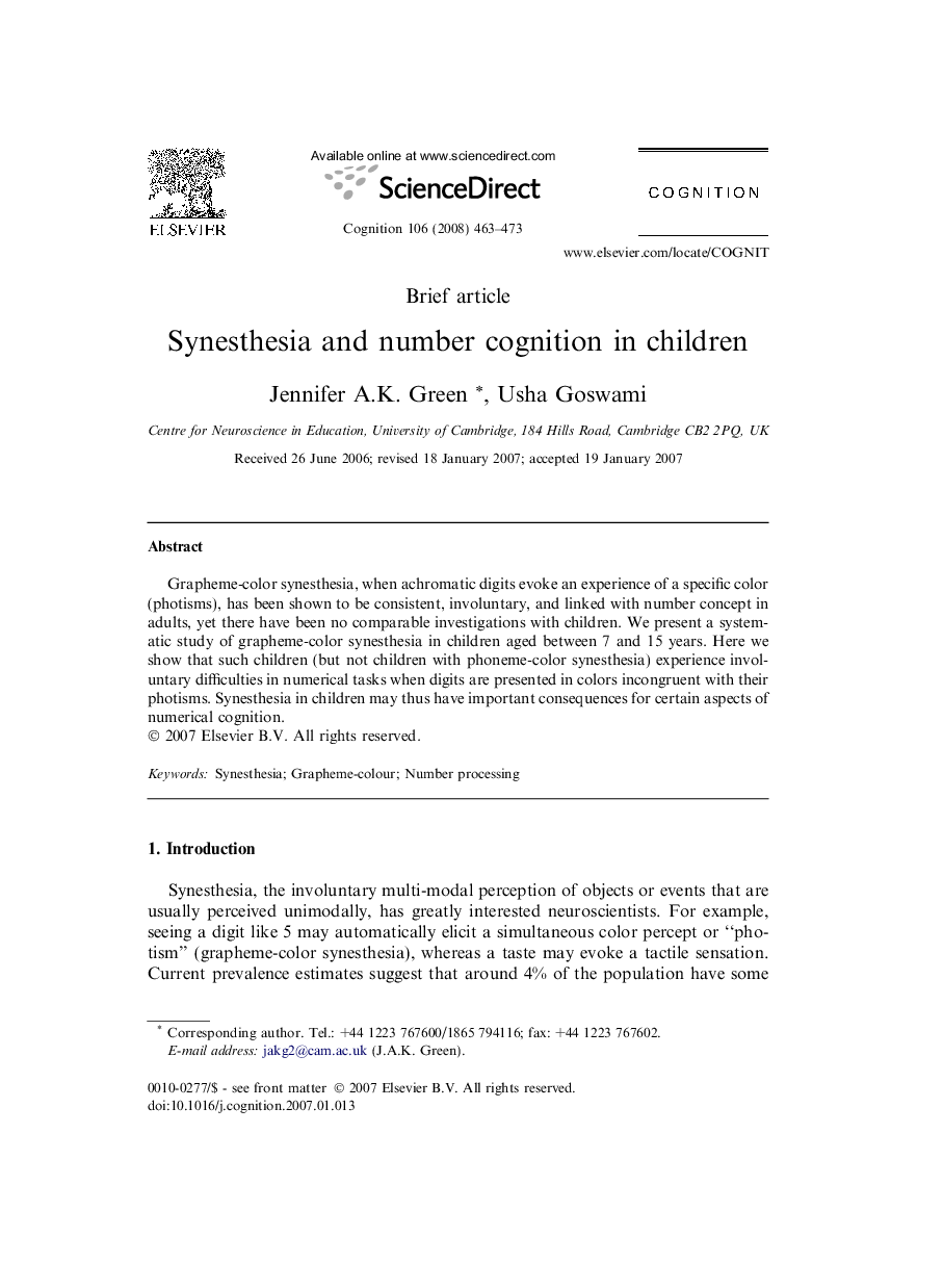 Synesthesia and number cognition in children